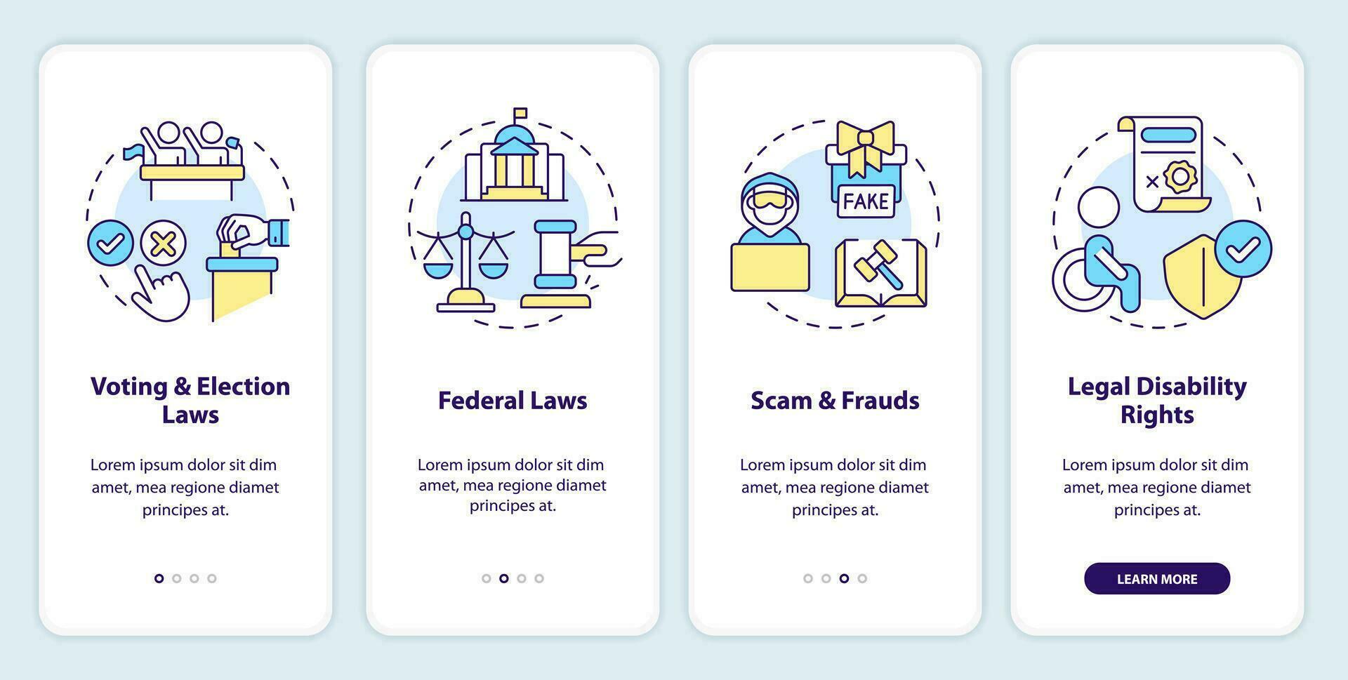 legislazione e legale questioni onboarding mobile App schermo. Procedura dettagliata 4 passaggi modificabile grafico Istruzioni con lineare concetti. ui, ux, gui modello vettore