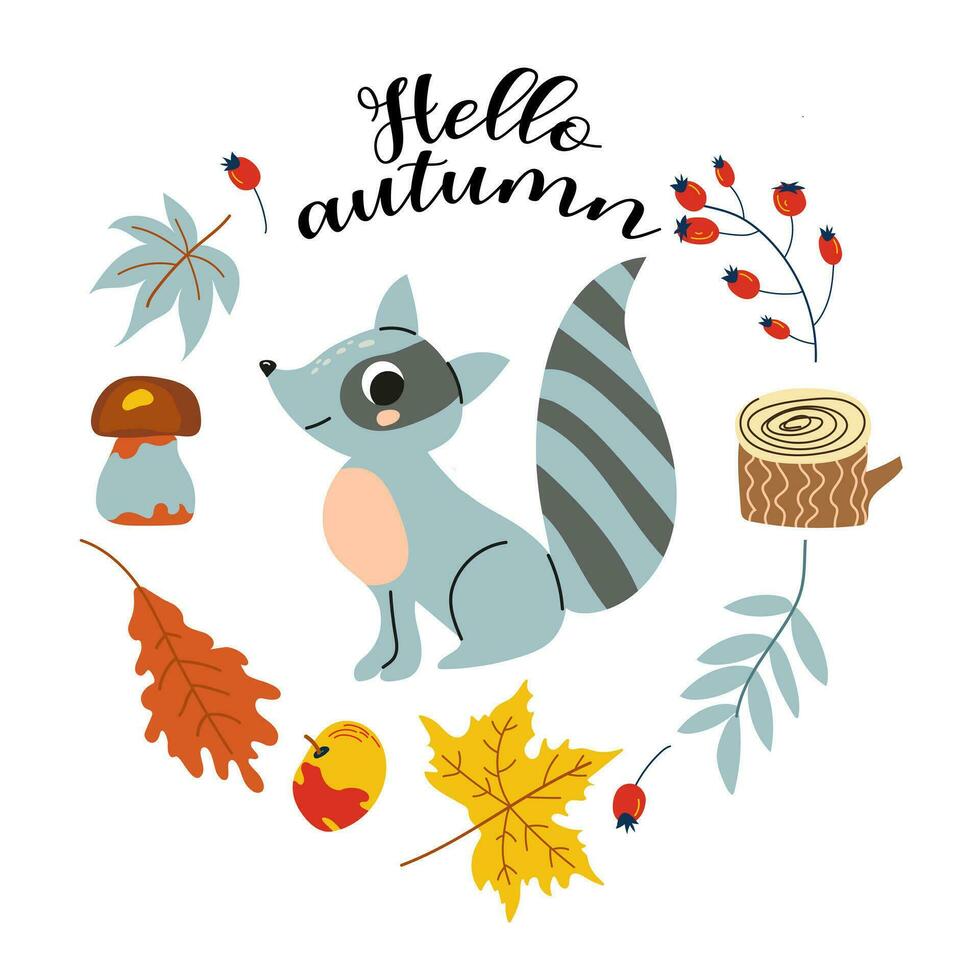 Ciao autunno. cartone animato procione, mano disegno scritta. carta con foglie, autunno elementi e carino foresta animale su bianca sfondo.design per carte, Stampa, manifesto. vettore