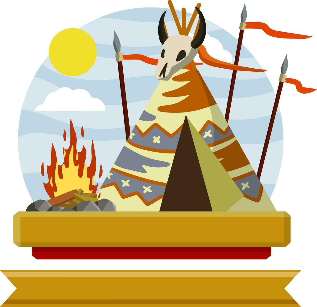 Wigwam indiano. casa dei nativi americani. capanna nazionale fatta di pelli con motivo. natura del paesaggio. le lance sono armi, fuoco e teschio di animali. nastro per il testo vettore