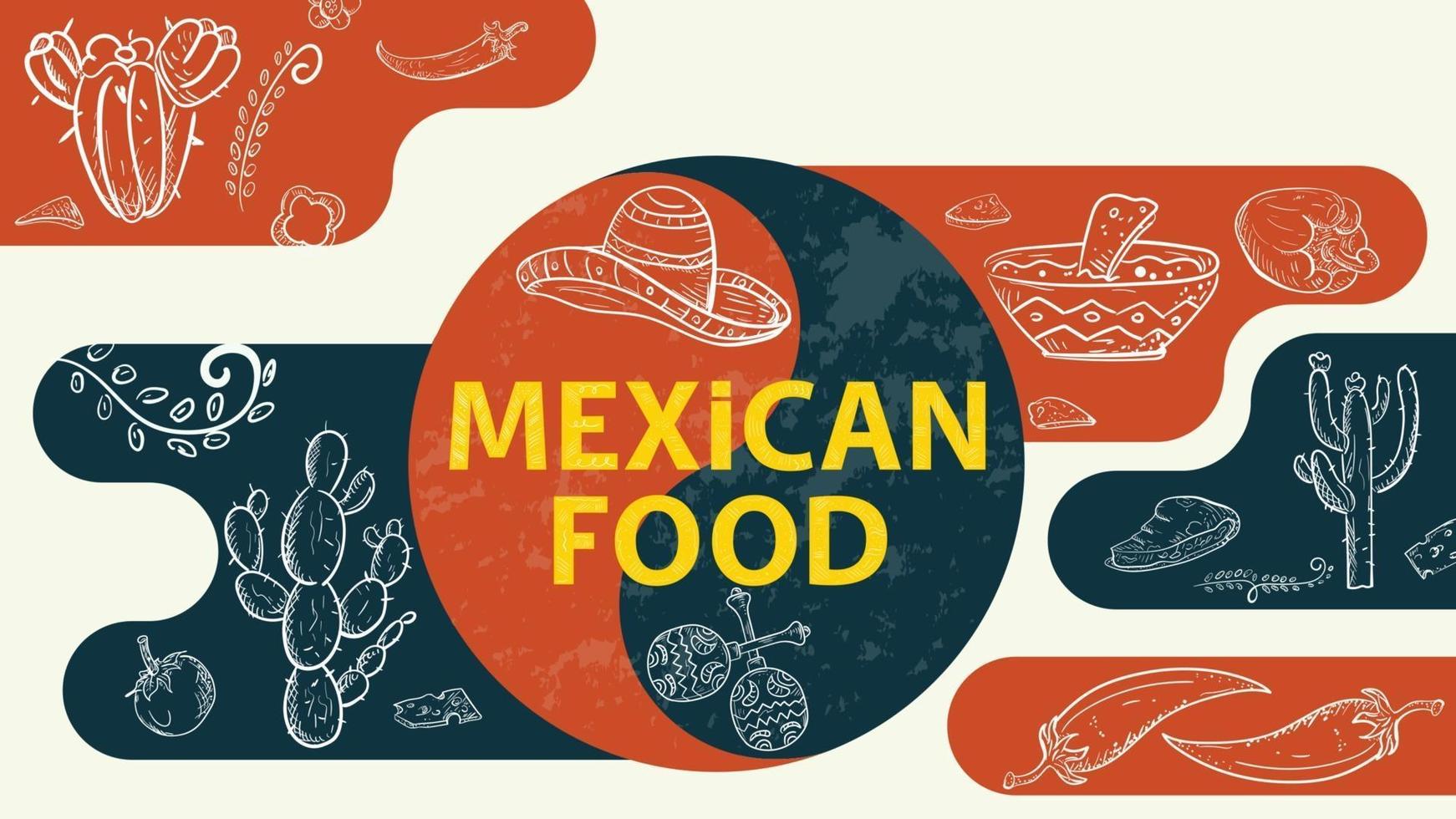 Illustrazione schizzo per il design segno di equilibrio con la scritta cibo messicano sombrero hat cactus maracas peperoncino piccante vettore