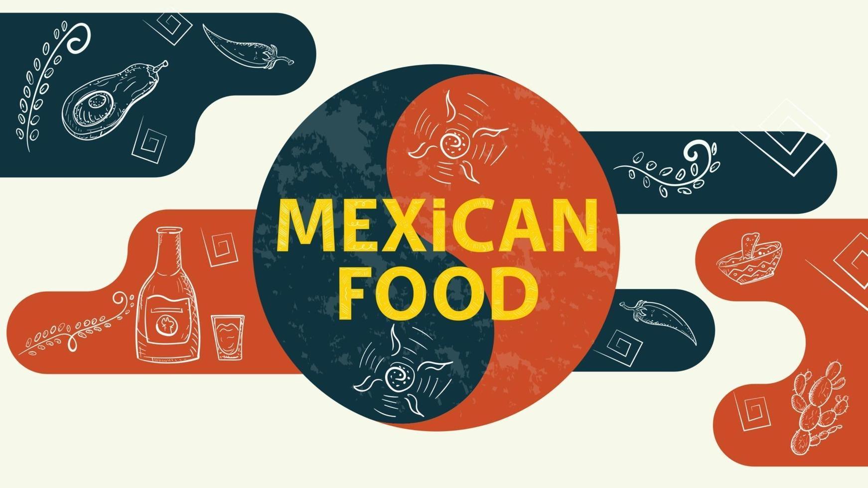 illustrazione schizzo per il design un segno di equilibrio con la scritta cibo messicano sole una bottiglia di tequila cactus peperoncino peperoncino vettore