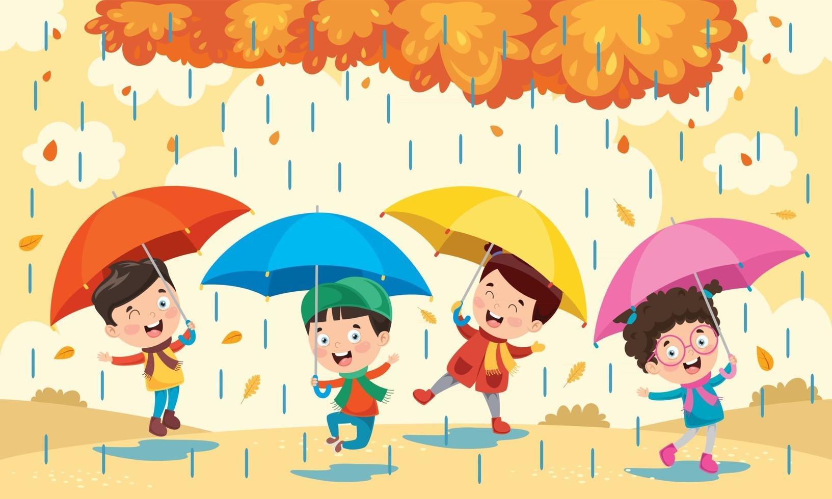 bambini che usano l'ombrello sotto la pioggia vettore