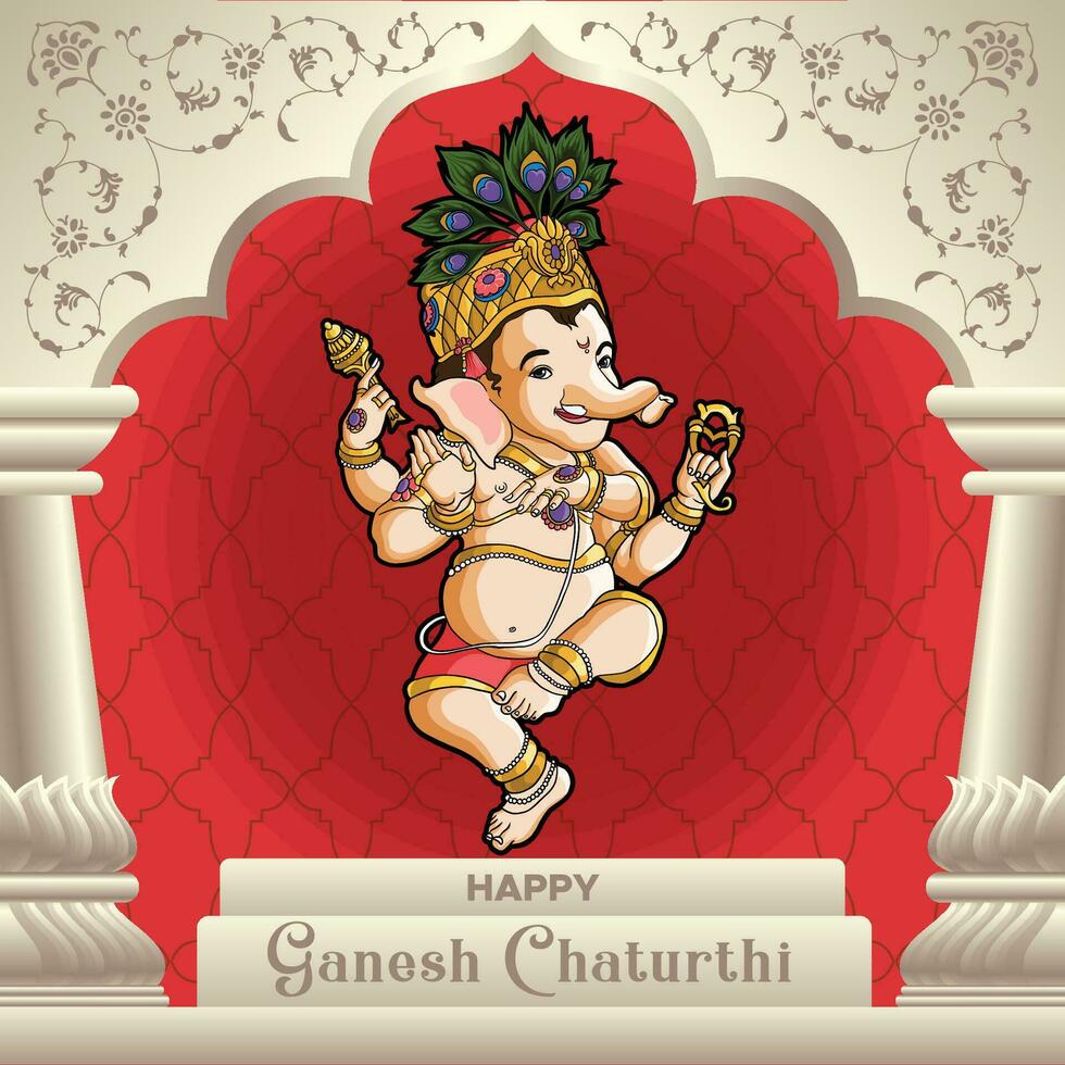 bambino Ganesha nel ganesh Chaturthi saluti con ornamentale arco design vettore