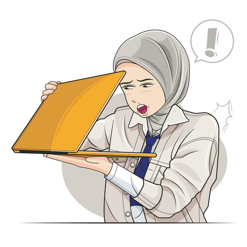 poco ragazzo musulmano, scuola ragazza un' hijab ragazza infastidito Guarda furtivamente a il semichiuso il computer portatile schermo vettore illustrazione professionista Scarica