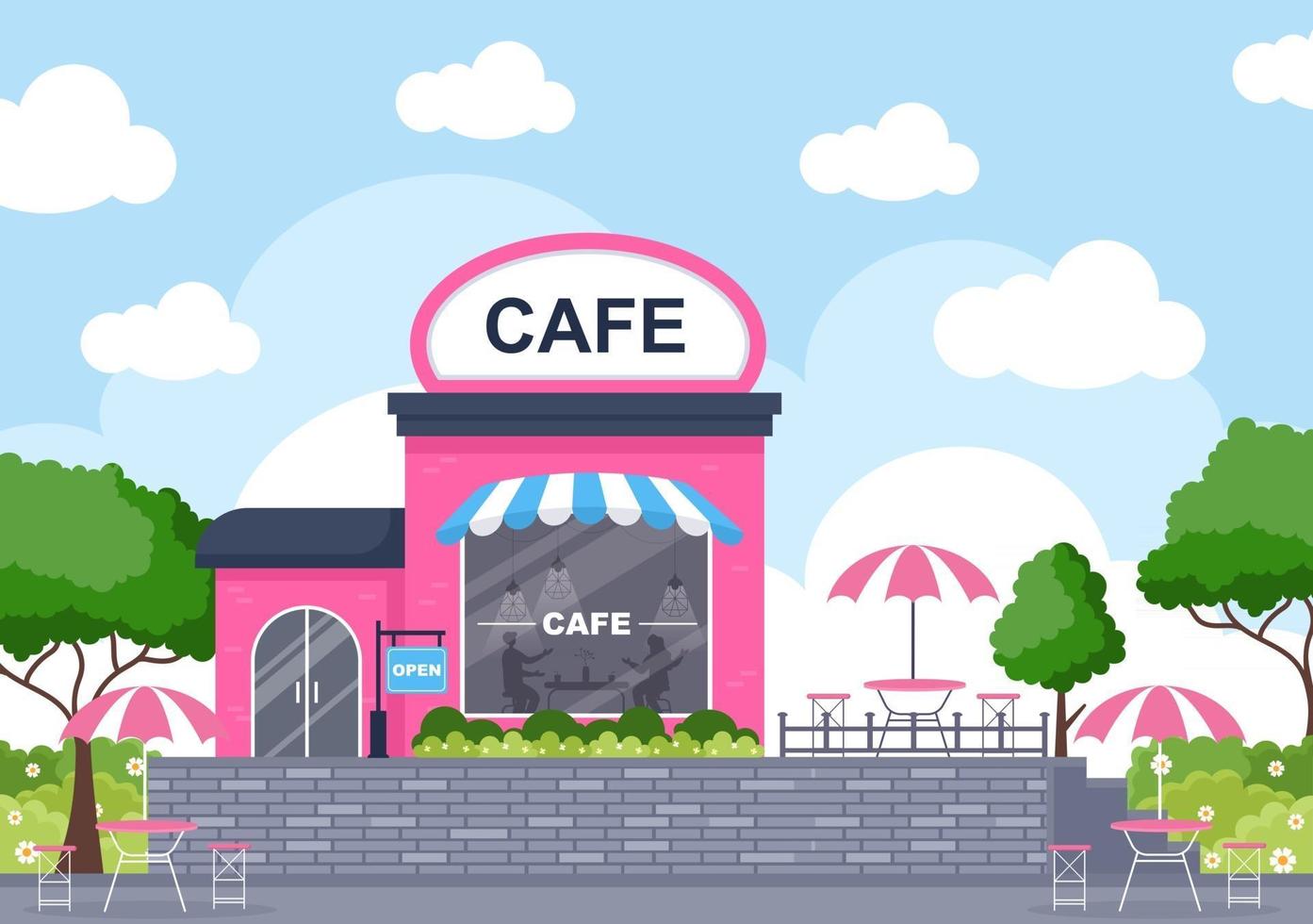 illustrazione di caffè con bordo aperto, albero e esterno del negozio di costruzione. concetto di design piatto vettore