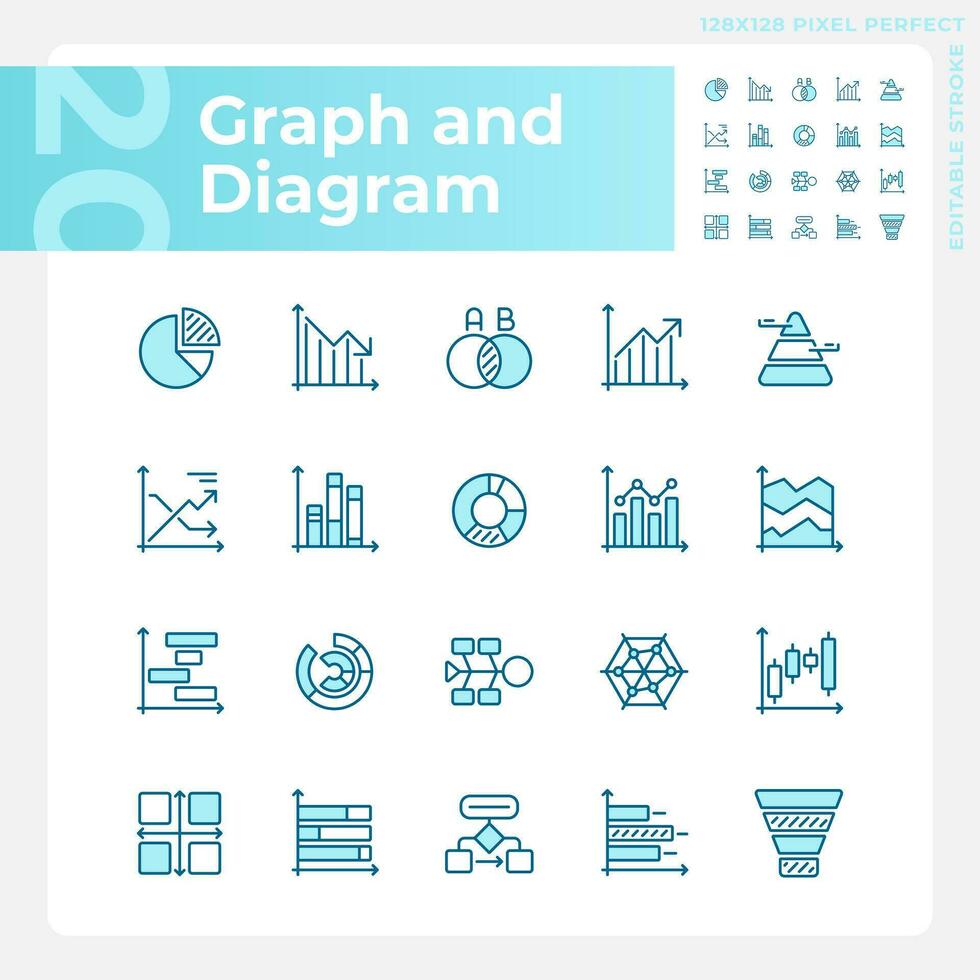 grafico e diagramma leggero blu icone. dati visualizzazione. informazione Schermo. presentazione elemento. rgb colore. sito web icone impostare. semplice design elemento. contorno disegno. linea illustrazione vettore