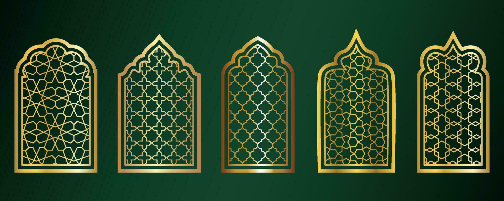 d'oro amadan finestre. islamico porta montatura con ornamento. Arabo moschea arco su verde sfondo. islamico vettore decorazione