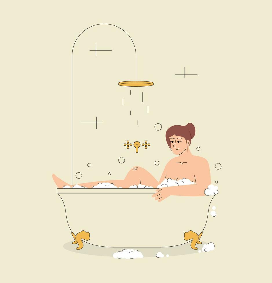 contento paffuto donna nel bagno con schiuma terme vettore illustrazione