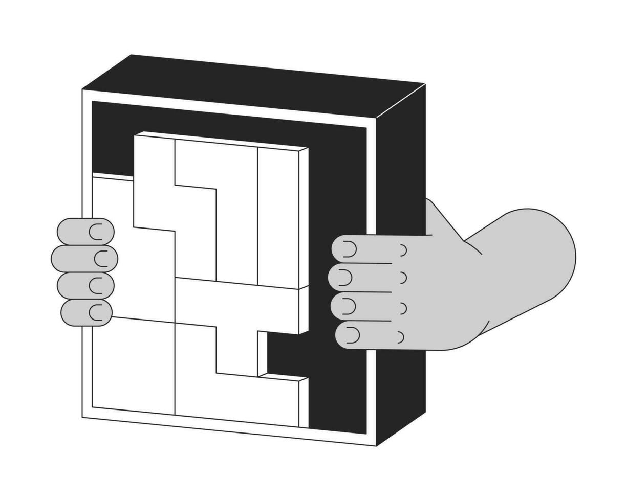 Tenere tetramini cubo bw concetto vettore individuare illustrazione. logica gioco. puzzle pezzi 2d cartone animato piatto linea monocromatico mano per ragnatela ui design. modificabile isolato schema eroe Immagine