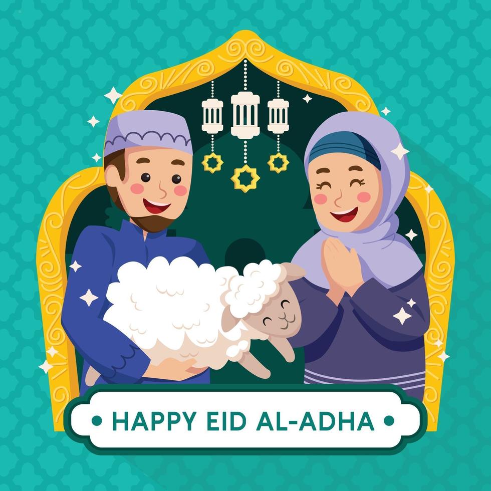 moglie e marito felici che celebrano l'eid al-adha vettore