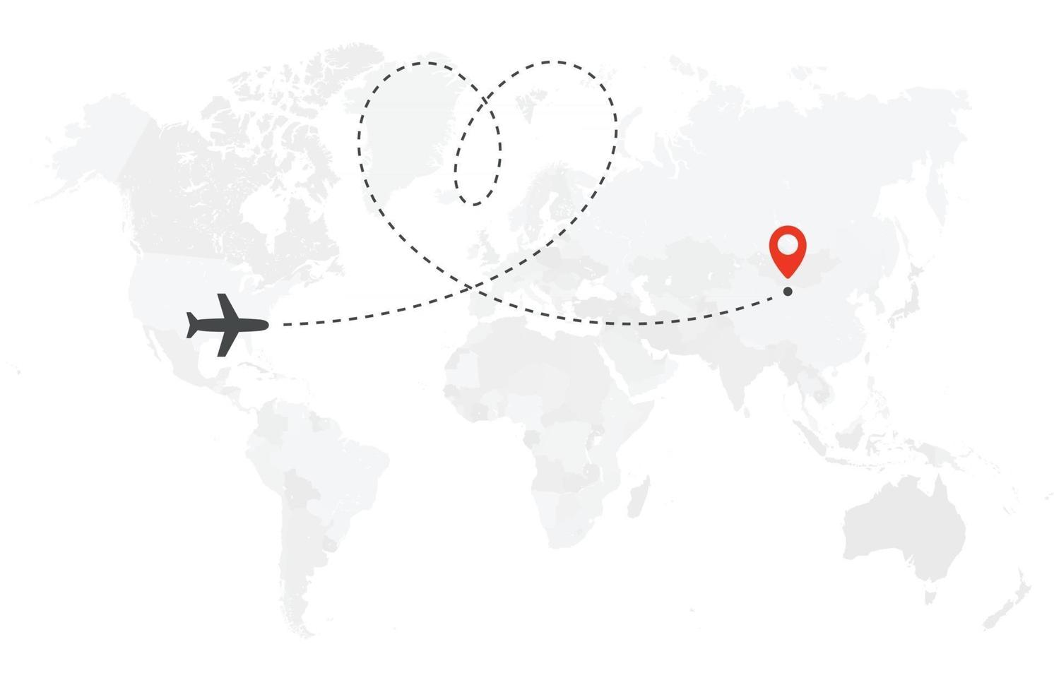 viaggio romantico o luna di miele. percorso della linea dell'aeroplano. rotta di volo aereo con punto di partenza e linea di rotta a forma di cuore. illustrazione di concetto di vettore. vettore