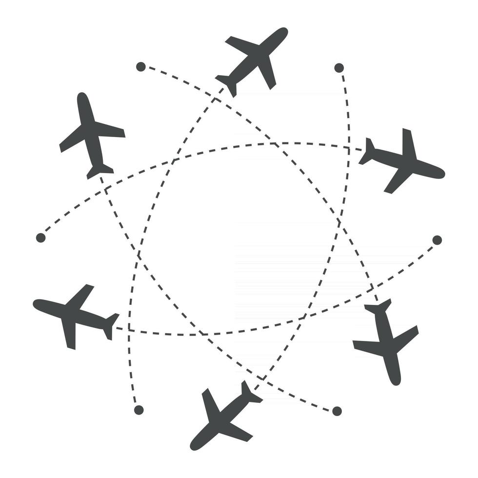 aerei che volano con traccia in direzioni diverse in un cerchio da un punto. mappa astratta dell'aeroporto. icona di partenza. illustrazione vettoriale di sagoma piatta nera su sfondo bianco.