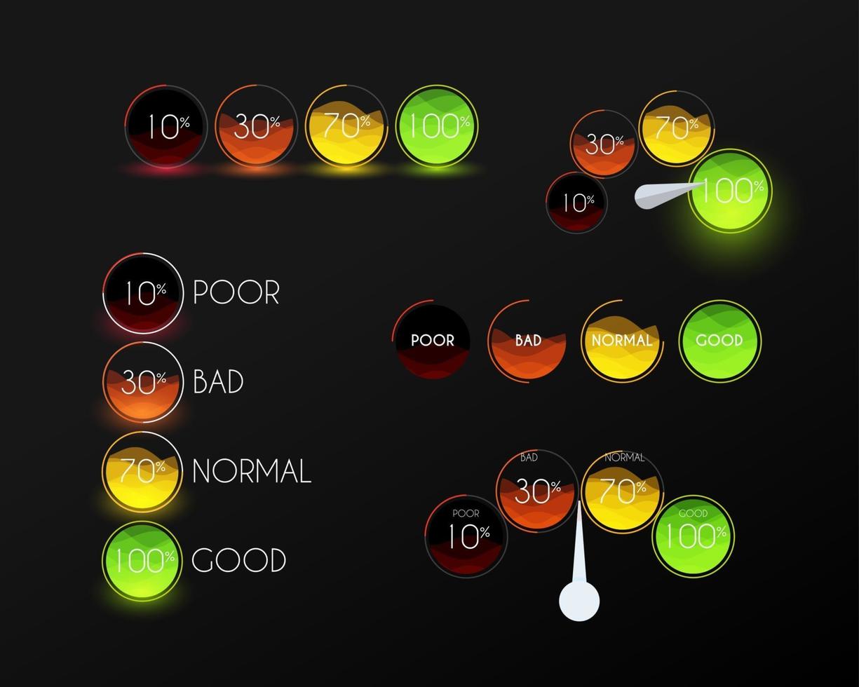 set di icone di valutazione su sfondo nero. cerchi colorati con all'interno valutazioni di colore e qualità. elementi di design infografico per il business. illustrazione vettoriale. vettore