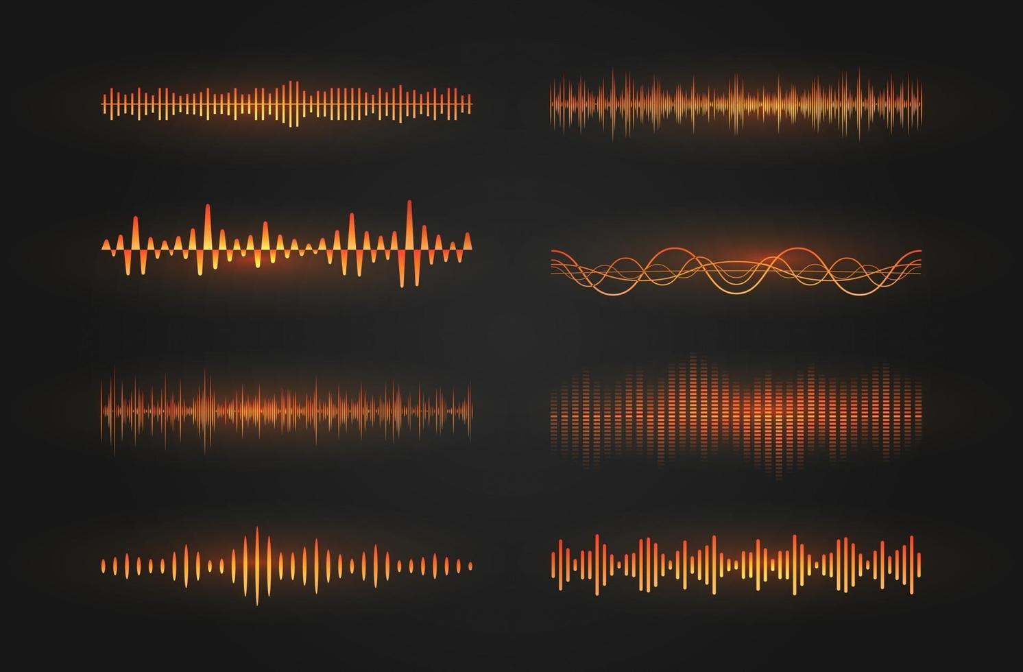 set di icone delle onde sonore. linee luminose raffiguranti un'onda sonora o radio, equalizzatore musicale o cardiogramma digitale, modello di elemento di design gui. illustrazione vettoriale isolato.