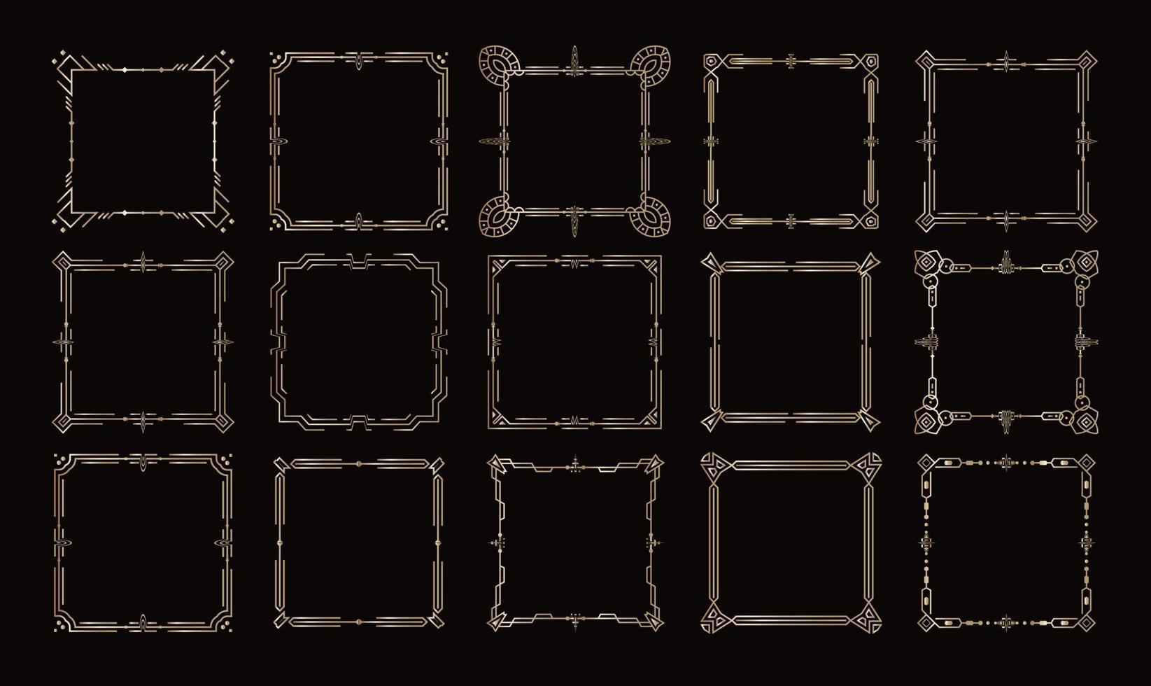 cornici dorate, set di bordi geometrici vittoriani, angoli e linee vettoriali reali su sfondo nero