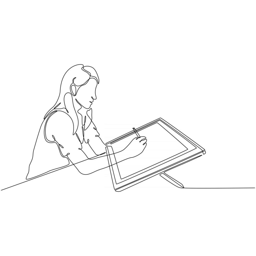 disegno a tratteggio continuo del disegno della ragazza con l'illustrazione vettoriale del minitor dello schermo digitale
