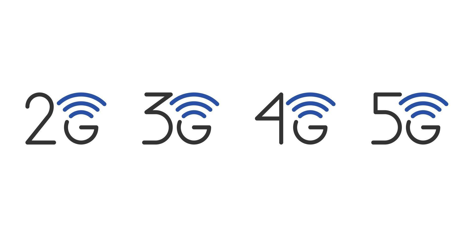 Set di simboli aziendali per la connessione di rete 2g 3g 4g 5g. Icone della tecnologia Internet wireless di quinta generazione e inferiori. illustrazione isolata modello blu di progettazione dell'emblema di comunicazione di vettore