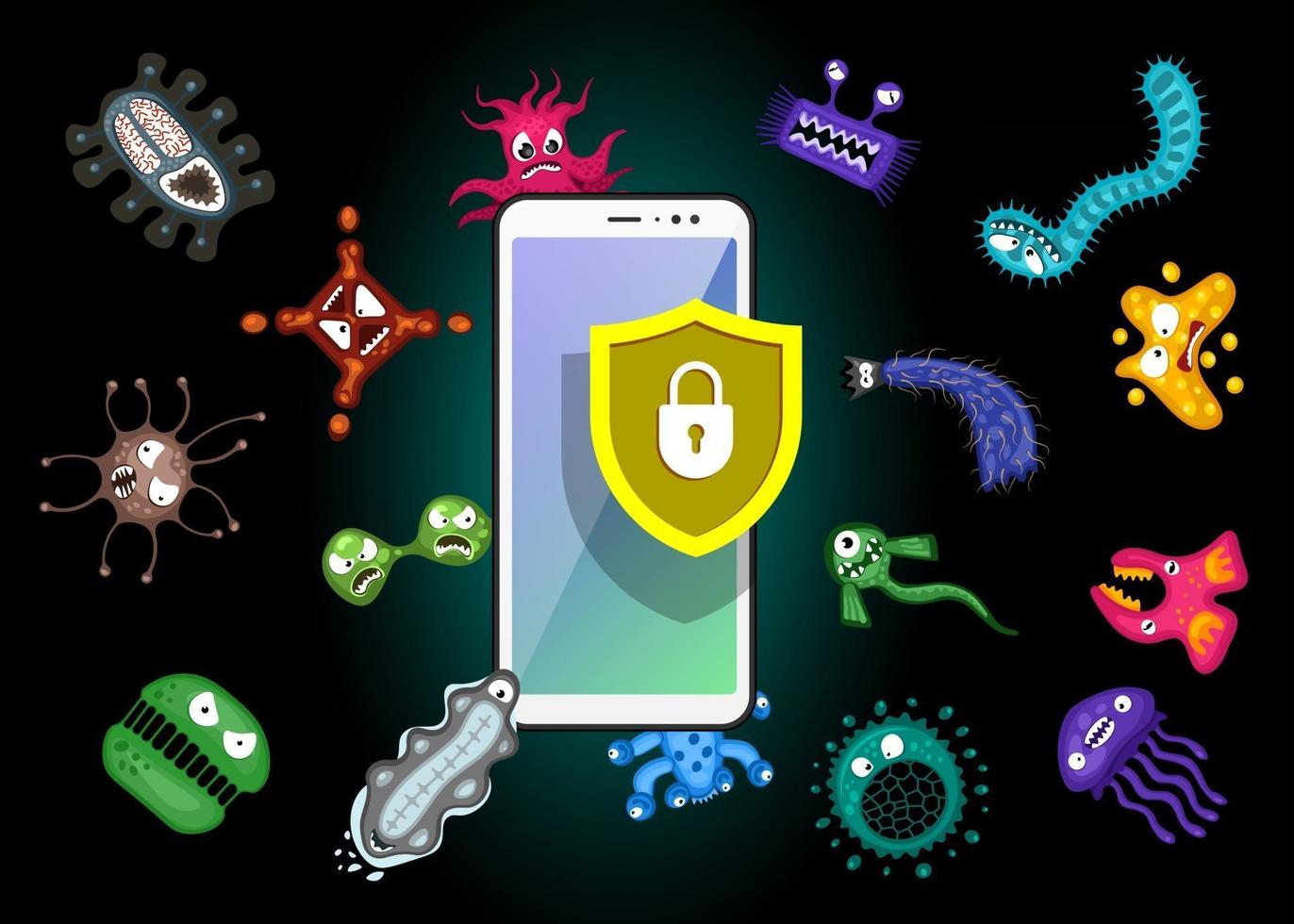 protezione mobile. smartphone con scudo di sicurezza e attacco di virus informatico infezione. dati spam, messaggio di errore Internet fraudolento, connessione non sicura, concetto di truffa online. illustrazione vettoriale nero eps