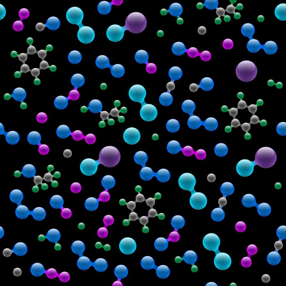 chimica struttura molecolare 3d atomica modello senza soluzione di continuità. concetto di design astratto per l'industria chimica delle biotecnologie scientifiche. vettore, atomi e molecole, struttura, su, sfondo nero, eps, illustration vettore