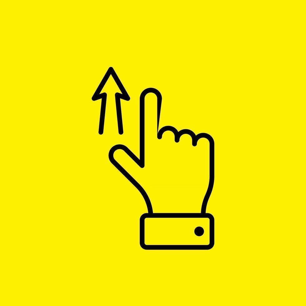 vettore gesto del touch screen scorrere verso l'alto scorrere icona del dito della mano. pittogramma di illustrazione al tratto su sfondo giallo