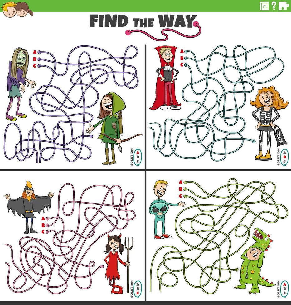 trova il modo labirinto Giochi impostato con cartone animato bambini a costume festa vettore