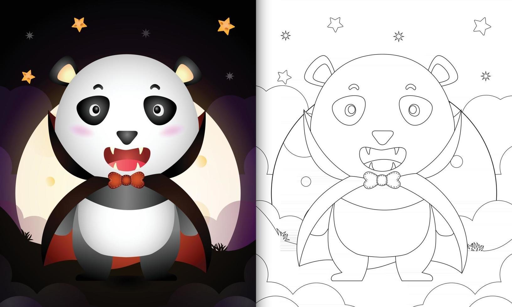 libro da colorare con un simpatico panda con costume dracula halloween vettore