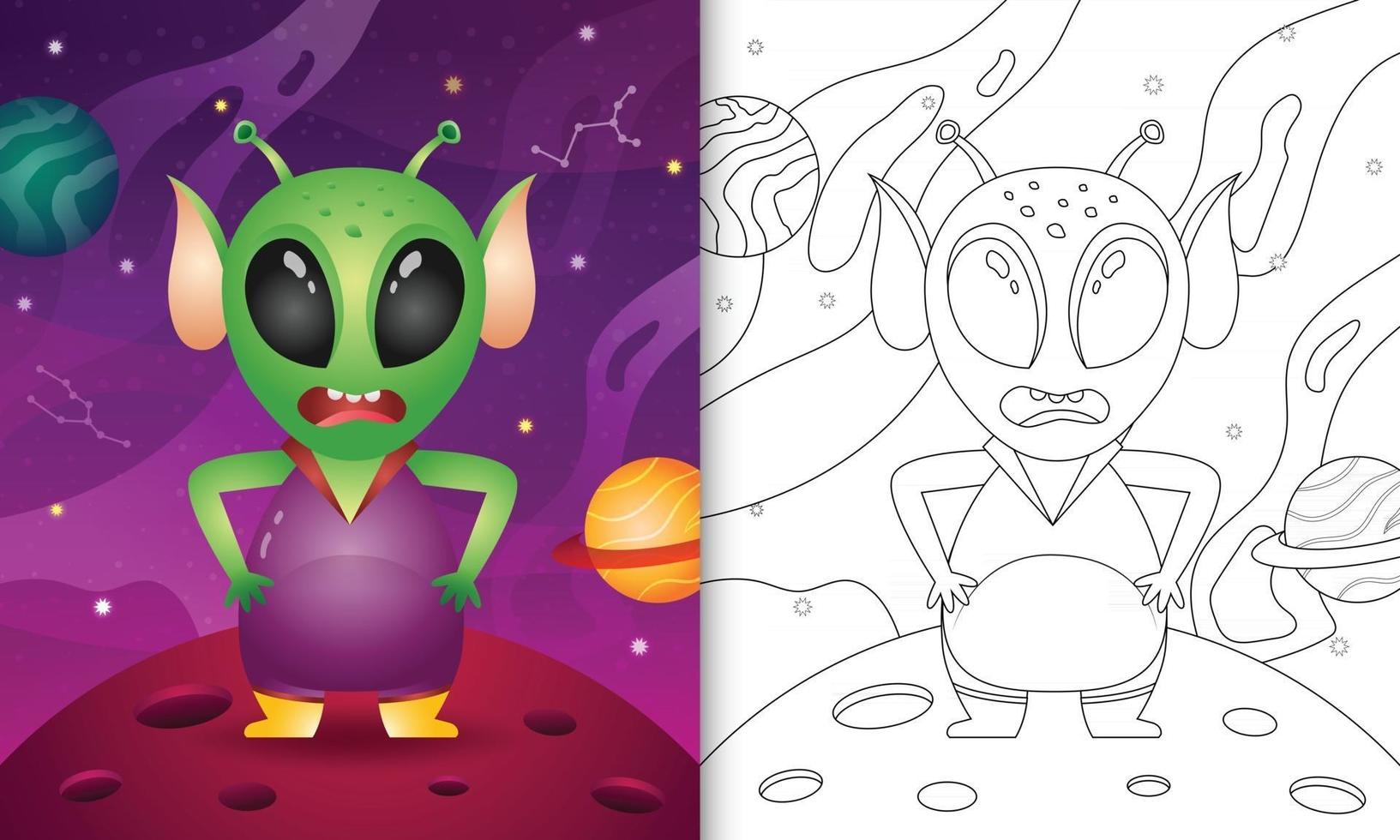 libro da colorare per bambini con un simpatico alieno nella galassia spaziale vettore
