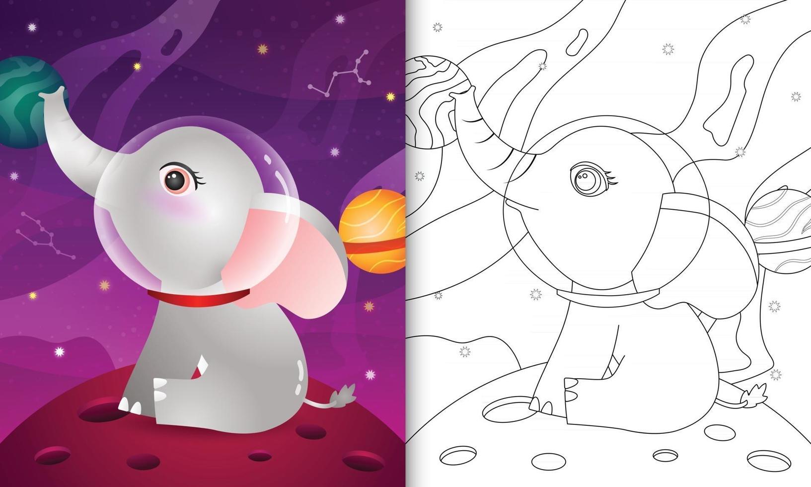 libro da colorare per bambini con un simpatico elefante nella galassia spaziale vettore