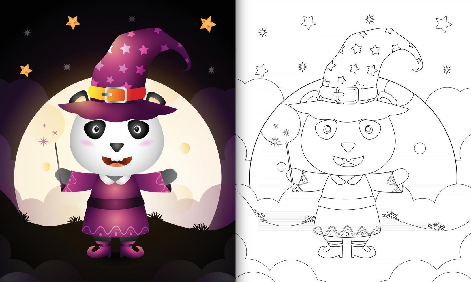 libro da colorare con un simpatico panda che usa il costume da strega halloween vettore