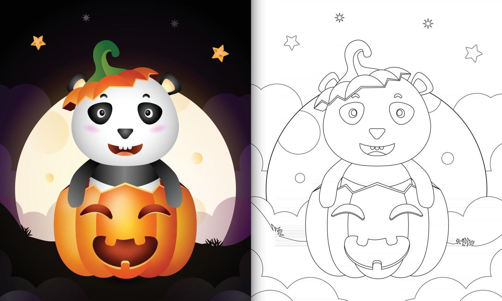 libro da colorare con un simpatico panda nella zucca di halloween vettore