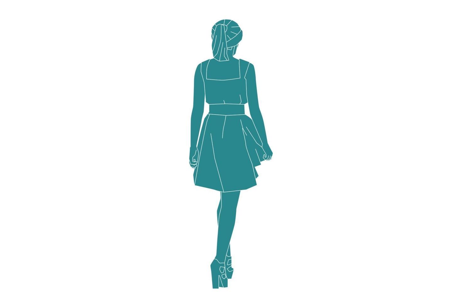 illustrazione vettoriale di donna elegante che cammina con mini abito, stile piatto con contorno