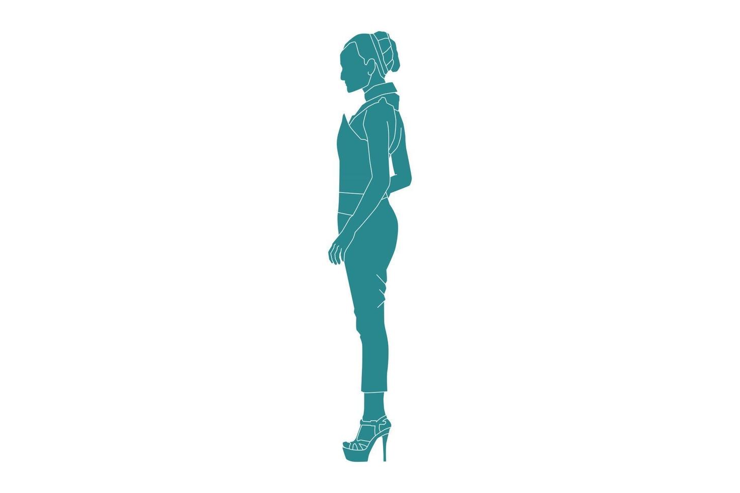 illustrazione vettoriale di donna elegante in posa guarda da un lato, stile piatto con contorno