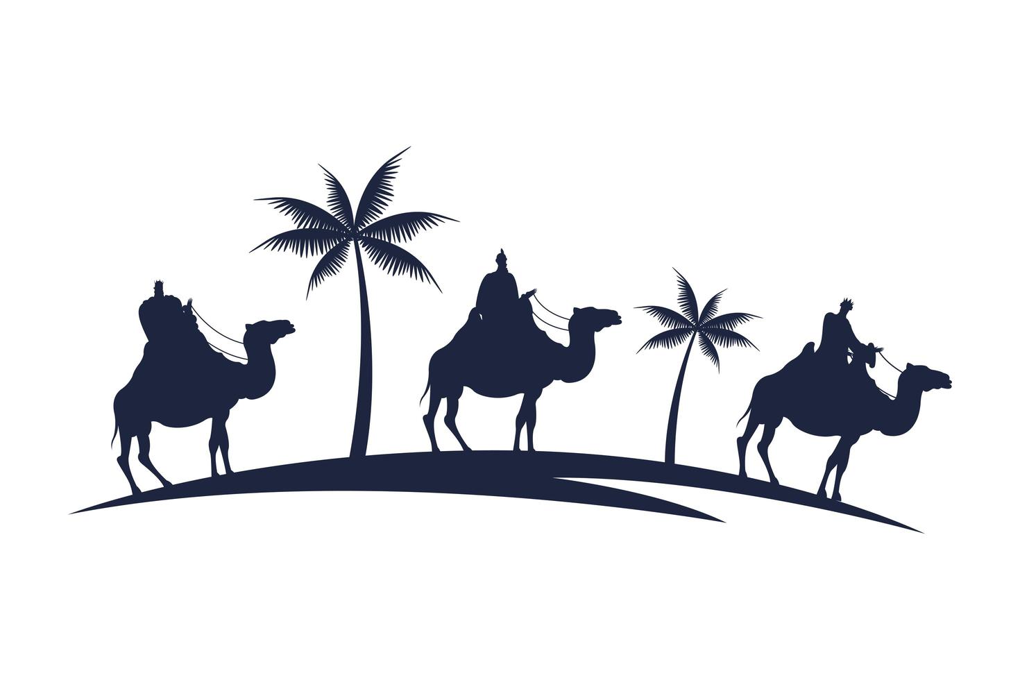 gruppo di saggi in cammelli e palme presepe personaggi silhouette vettore