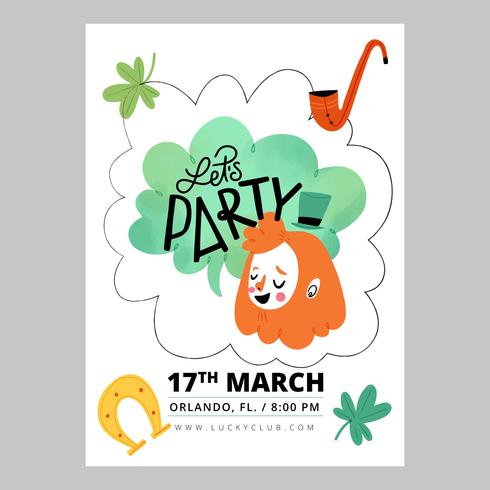 Flyer St. Patrick&#39;s Day con carattere irlandese, trifogli, pipa e ferro di cavallo vettore