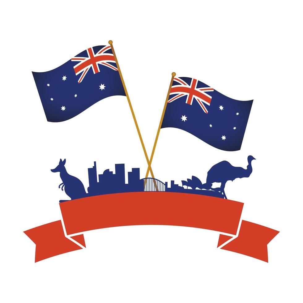 celebrazione del giorno dell'australia con animali silhouette e bandiere vettore