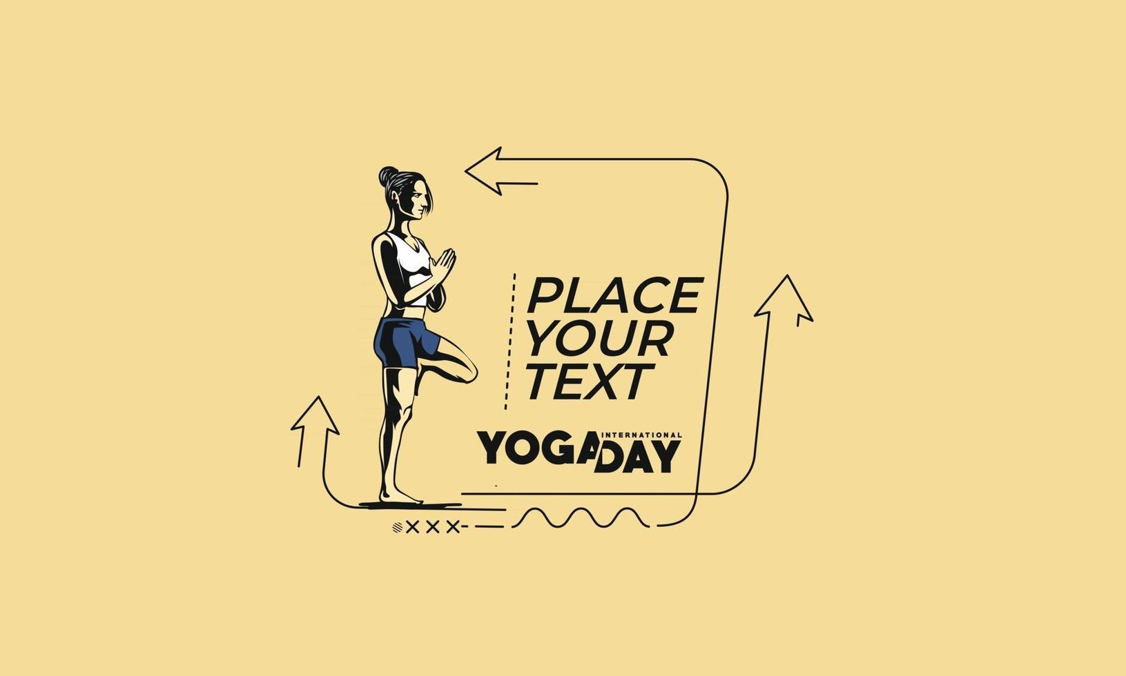 piatto lineare donna che pratica yoga banner, scorrimento, adesivo, distintivo, cartellino del prezzo, poster. vettore