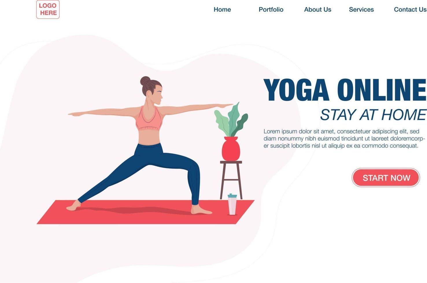 concetto di modello di pagina di destinazione della lezione online di yoga. ragazza che fa yoga online a casa usando il suo laptop. illustrazione di cartone animato piatto vettoriale