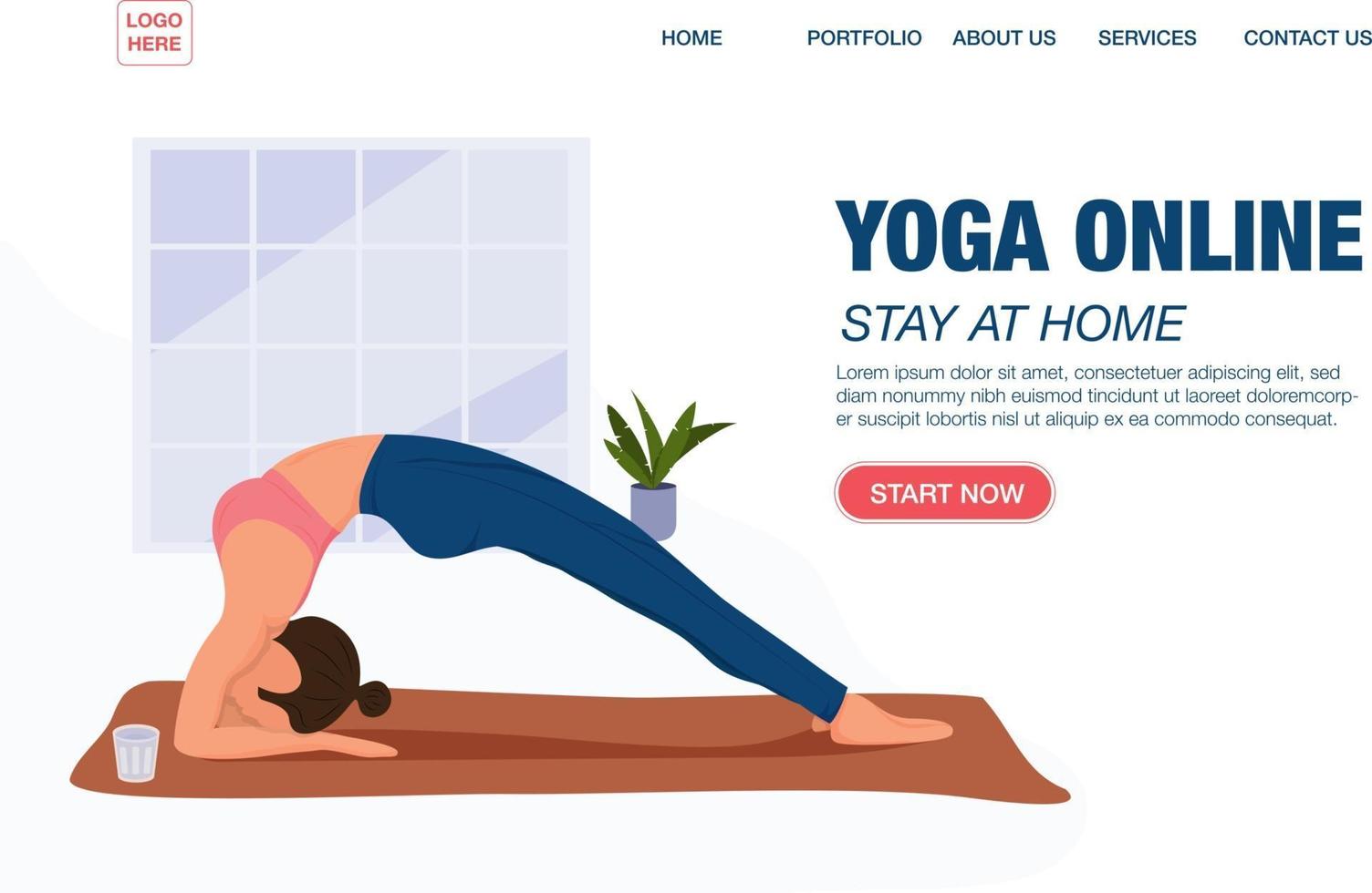 concetto di modello di pagina di destinazione della lezione online di yoga. ragazza che fa yoga online a casa usando il suo laptop. illustrazione di cartone animato piatto vettoriale