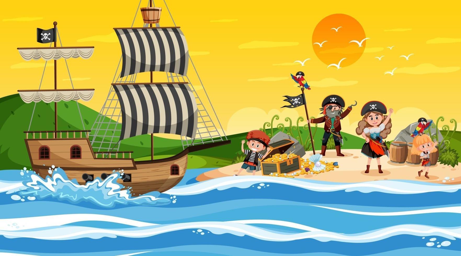scena dell'isola del tesoro al tramonto con bambini pirata vettore