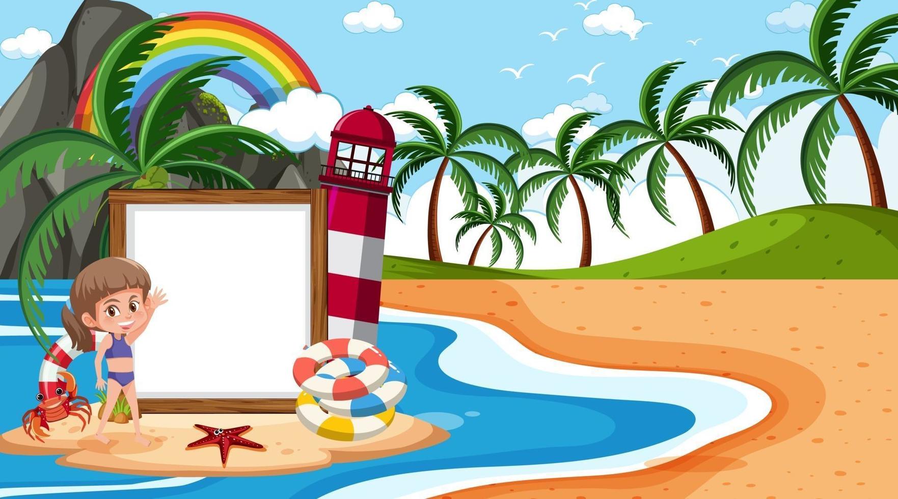 modello di banner vuoto con i bambini in vacanza sulla scena diurna della spiaggia vettore