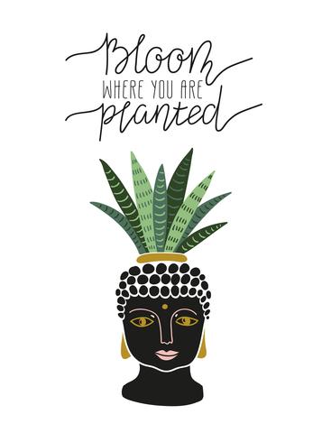 Pianta di casa tropicale disegnata a mano nel piatto con la faccia di buddha. Illustrazione di stile scandinavo, arredamento moderno ed elegante. vettore