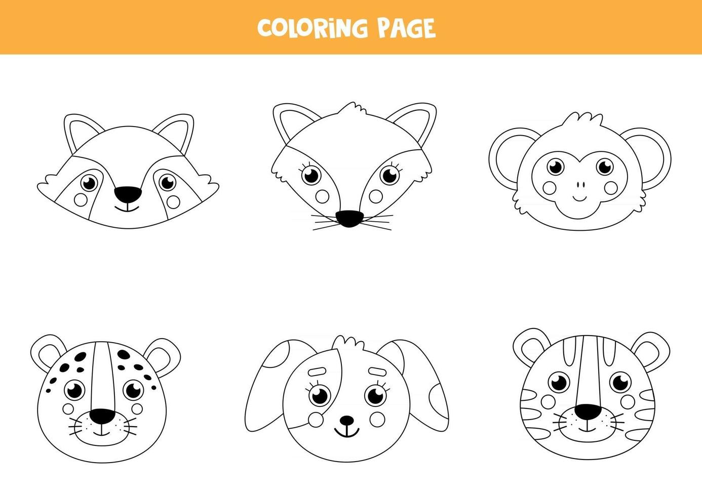 colore facce di animali carini. pagina da colorare per bambini. vettore