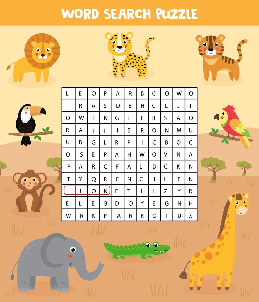 puzzle di ricerca di parole per bambini. set di animali da safari. vettore