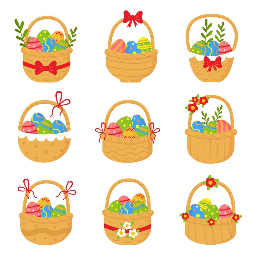 raccolta di simpatici cestini di paglia pieni di uova di Pasqua. vettore