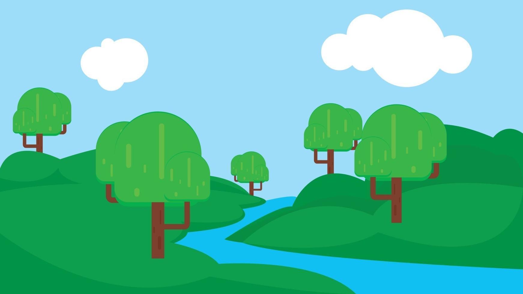 cartone animato panorama piatto della primavera estate bellissima natura, prato verde con lago blu, montagne sullo sfondo dell'orizzonte, illustrazione vettoriale del paesaggio del lago di montagna.