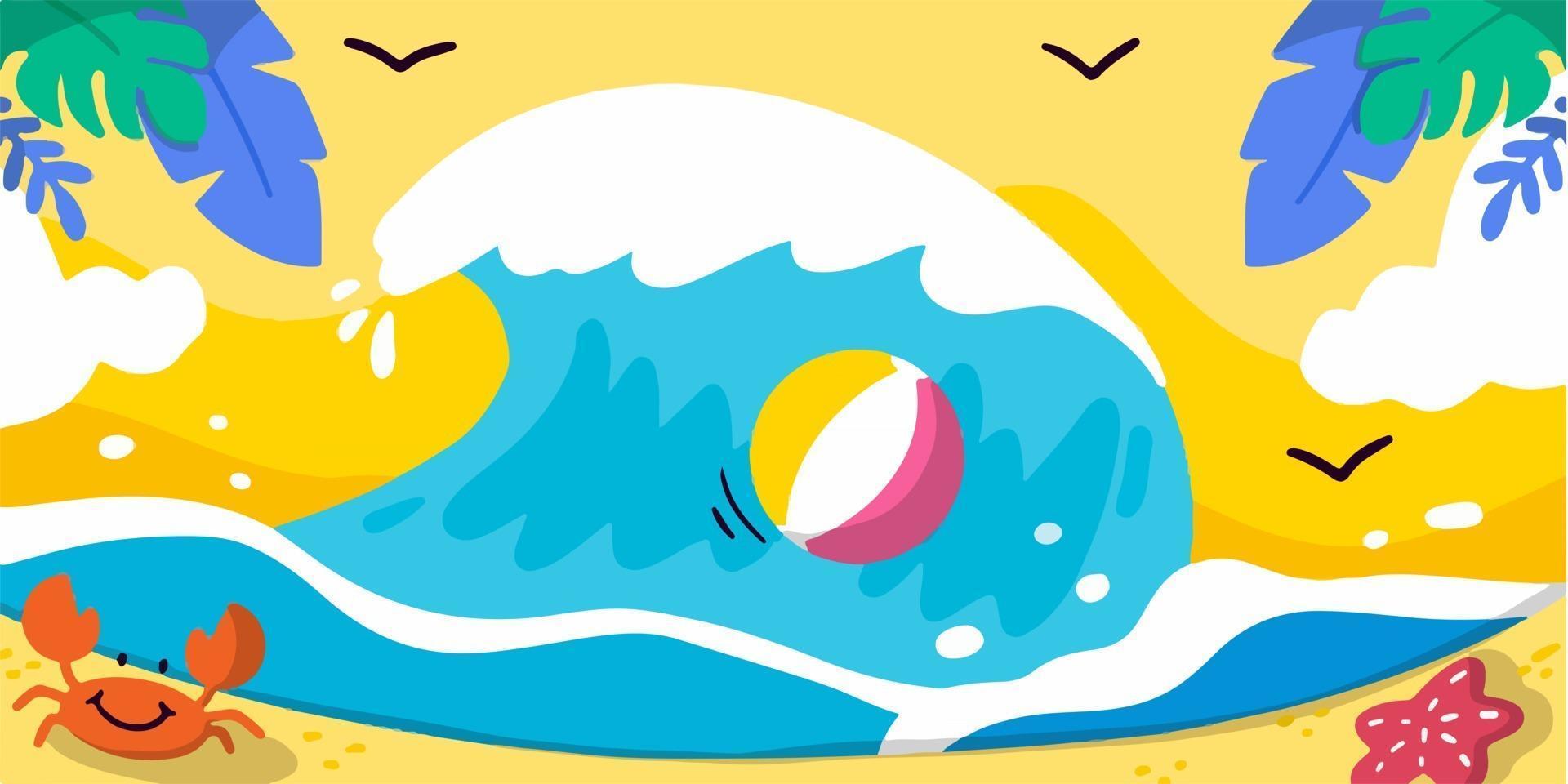 bella divertente spiaggia e onde doodle illustrazione vettore