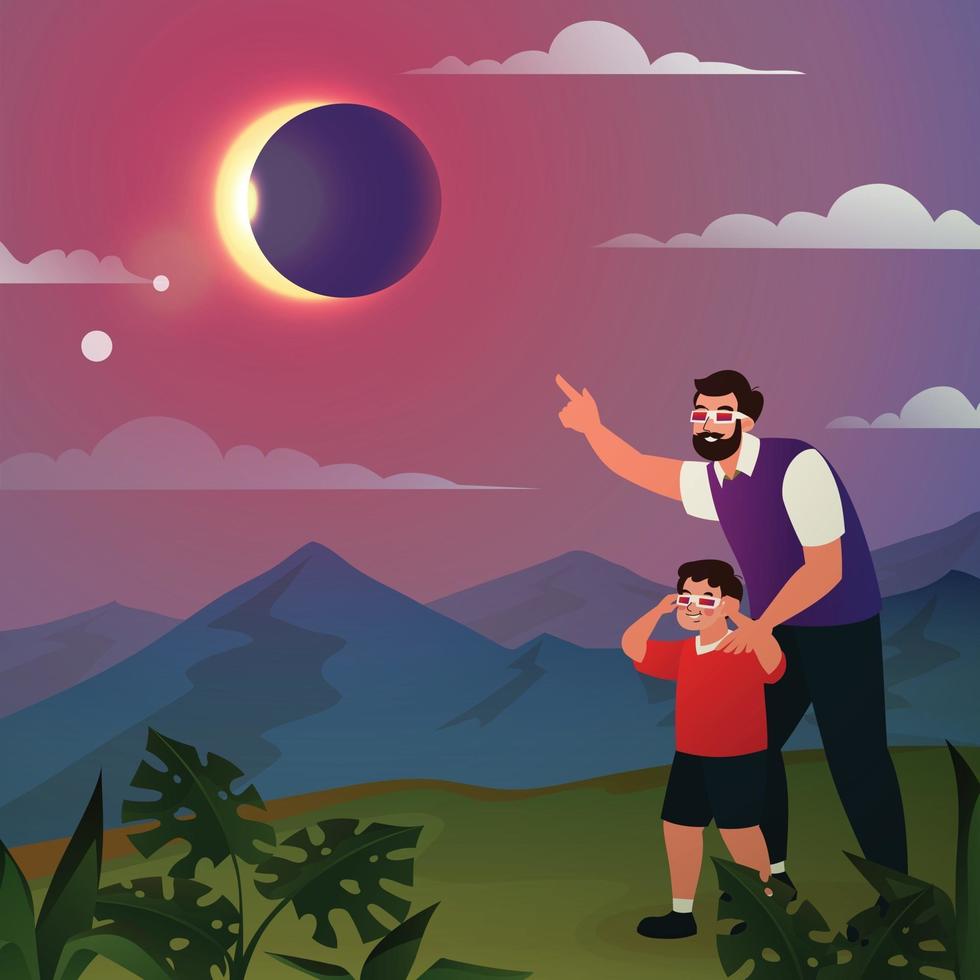 padre e figlio guardano l'eclissi solare vettore