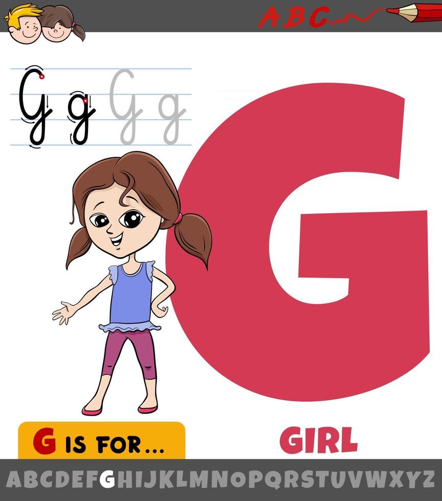 lettera g dell'alfabeto con personaggio dei cartoni animati di una bambina vettore