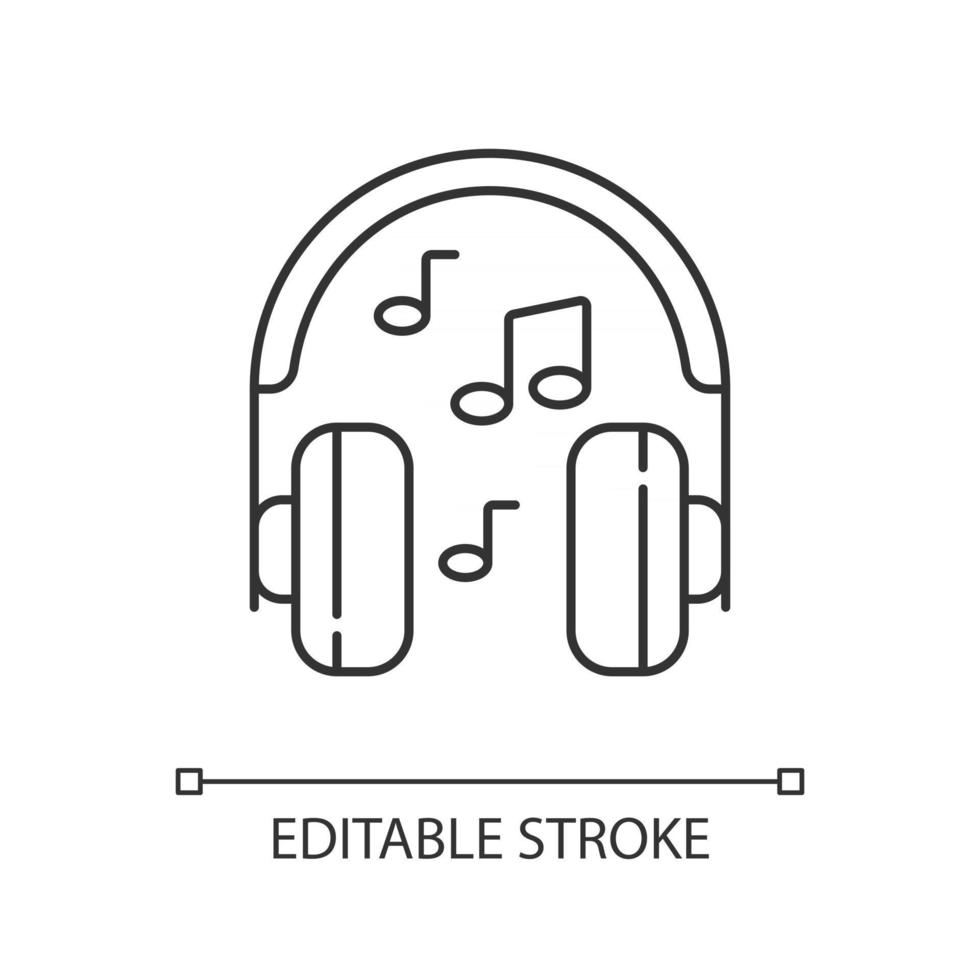 ascoltando l'icona lineare della musica. cuffie con riproduzione della canzone. ascoltare l'audio in cuffia. illustrazione personalizzabile linea sottile. simbolo di contorno. disegno vettoriale isolato profilo. tratto modificabile