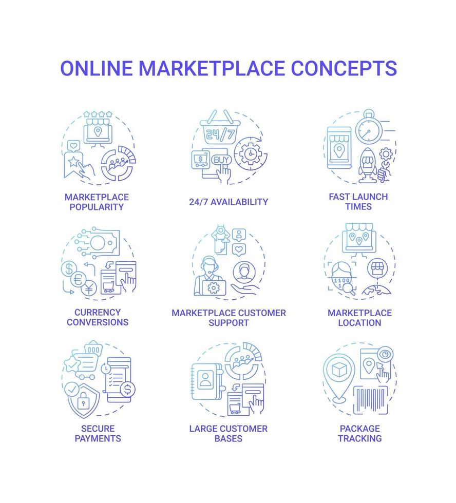 set di icone di concetto di mercato online. idea di pagamento sicuro illustrazioni a colori linea sottile. conversioni di valuta. popolarità del mercato. supporto al cliente. posizione del mercato. disegni vettoriali isolati di contorno